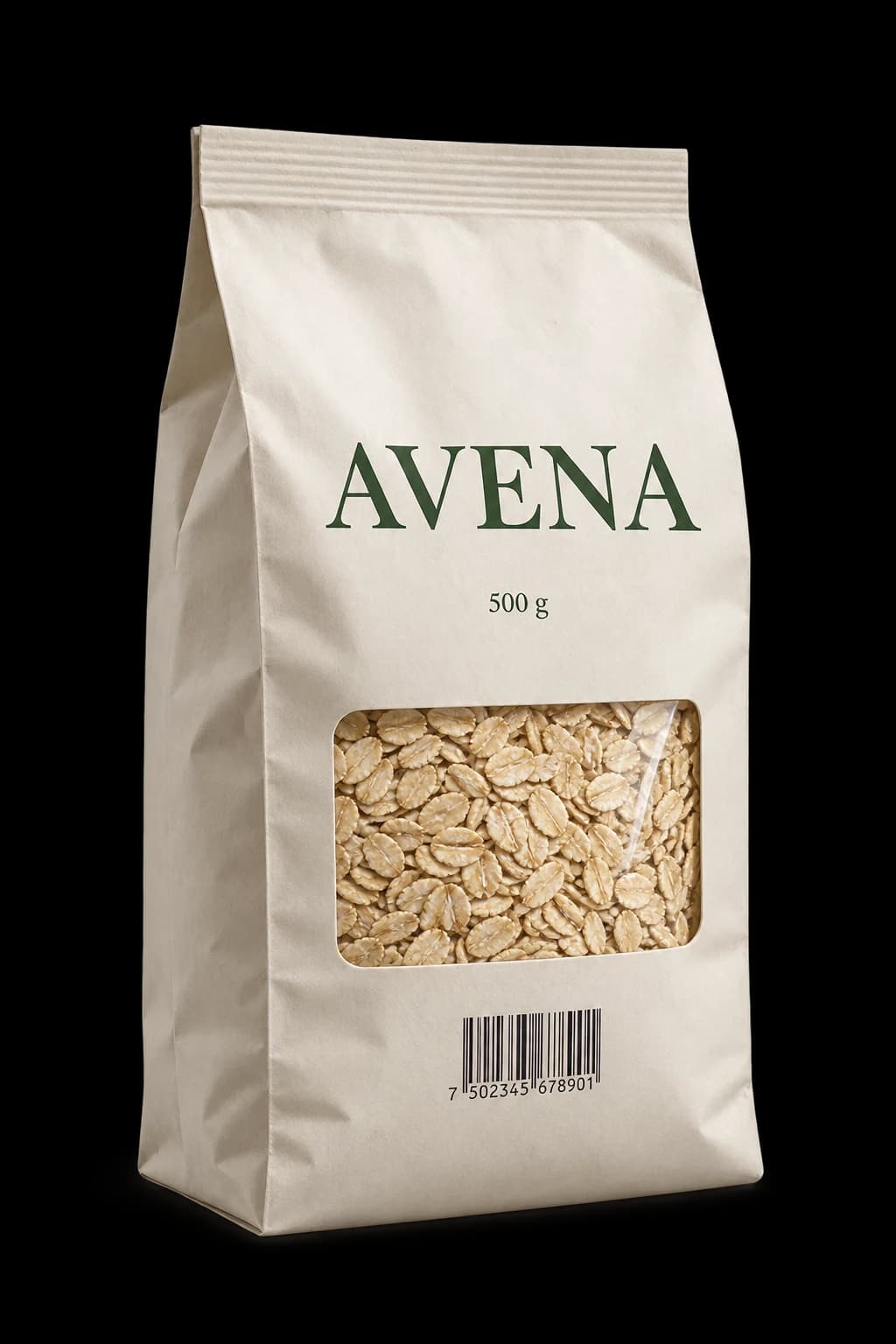 Illustrative oat package with a barcode.