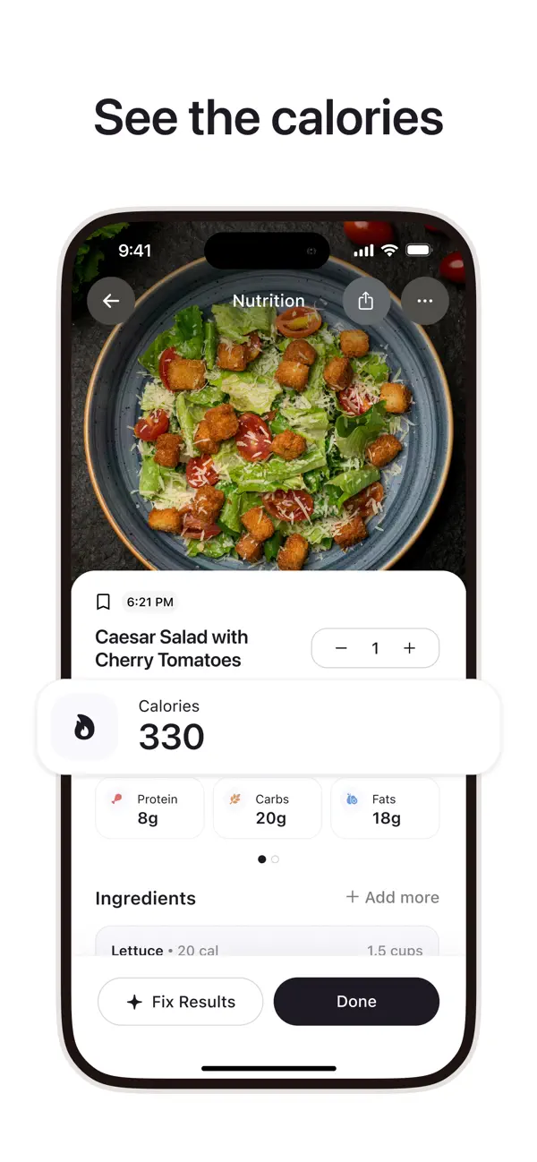 Cal AI official meal screen with portion controls, ingredients, Fix Results and Done buttons