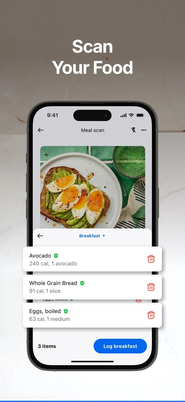 Official MyFitnessPal App Store image demonstrating Meal Scan with recognized foods