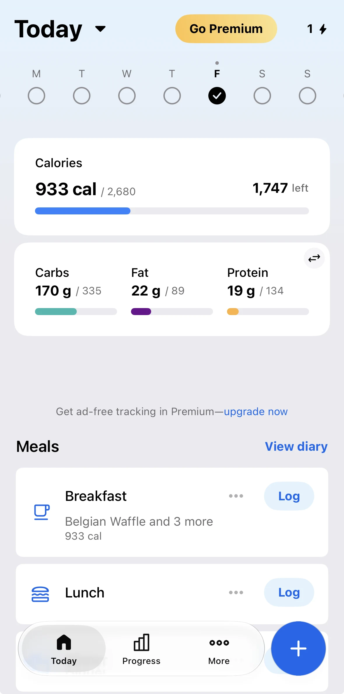 MyFitnessPal free Today screen showing calories, macros, meals and Premium upgrade prompts