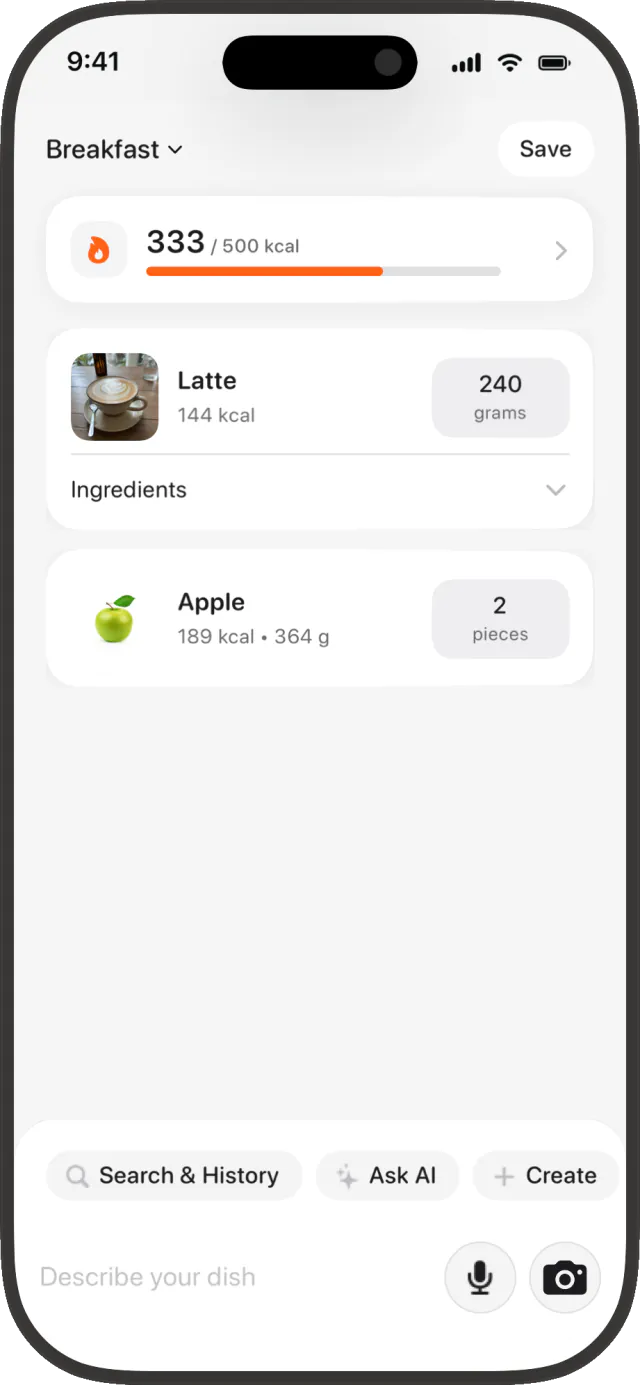 MacroLab meal editor showing individual foods, serving quantities, text entry, microphone and camera controls