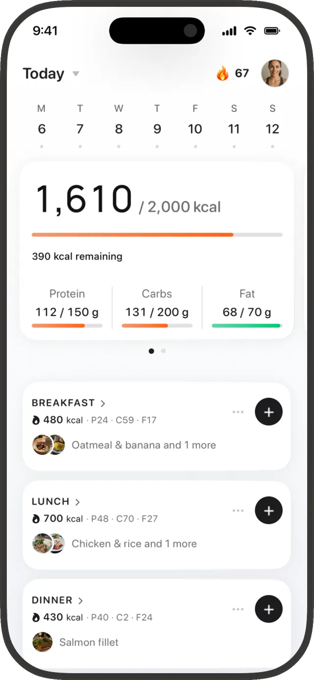 MacroLab Today screen with calories, macros and illustrated meals